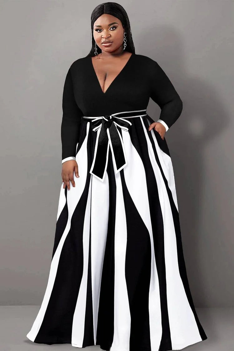 Plus Size Semi Formal Maxi Dresses Casual Black Geometric V Neck Long Sleeve Wrap Knitted Maxi Dresses With Pocket
