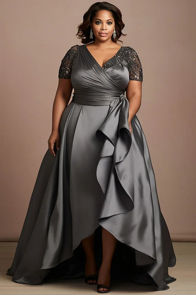 Plus Size Mother Of The Bride Grey Wrap Neck Short Sleeve Drilling Asymmetric Hem Satin Maxi Dress Plus Size Mother Of The Bride Grey Wrap Neck Short Sleeve Drilling Asymmetric Hem Satin Maxi Dress