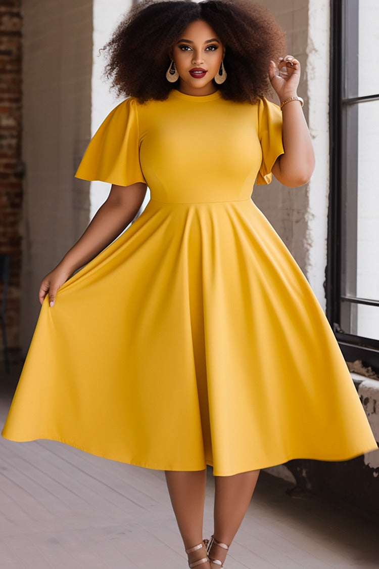 Plus Size Daily Yellow Round Neck Flare Short Sleeve Knitted Midi Dress