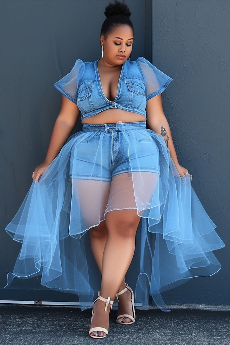Plus Size Short Sleeve See Through Denim Two Piece Short Set With Tulle Skirt