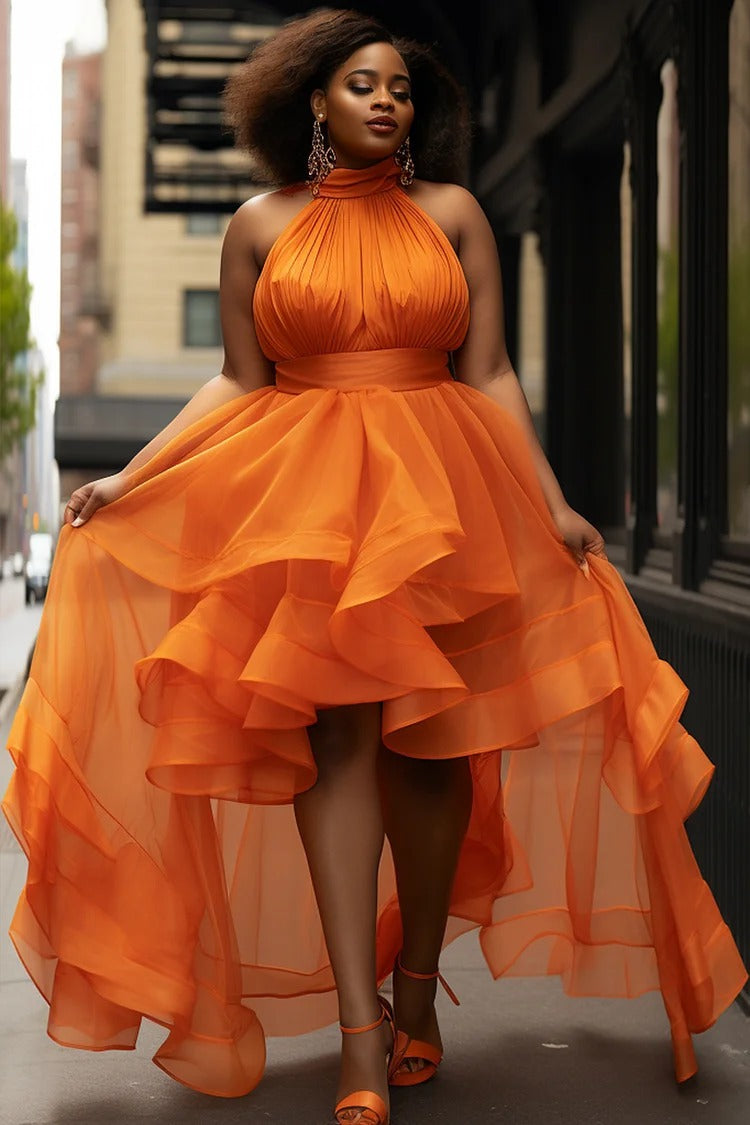 Plus Size Semi Formal Orange Halter Collar Ruffle Asymmetric Hem Tulle Midi Dress