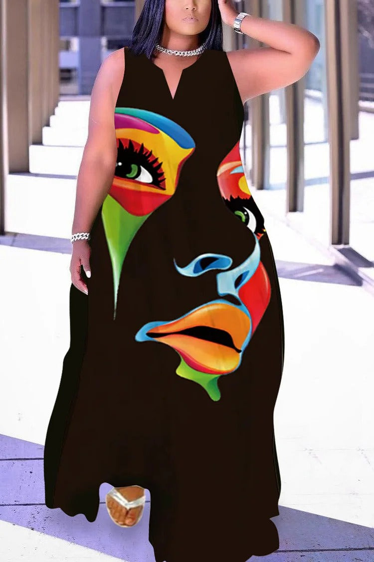 Plus Size Graphic Print Sleeveless V Neck Off The Shoulder With Pockets African Maxi Dress