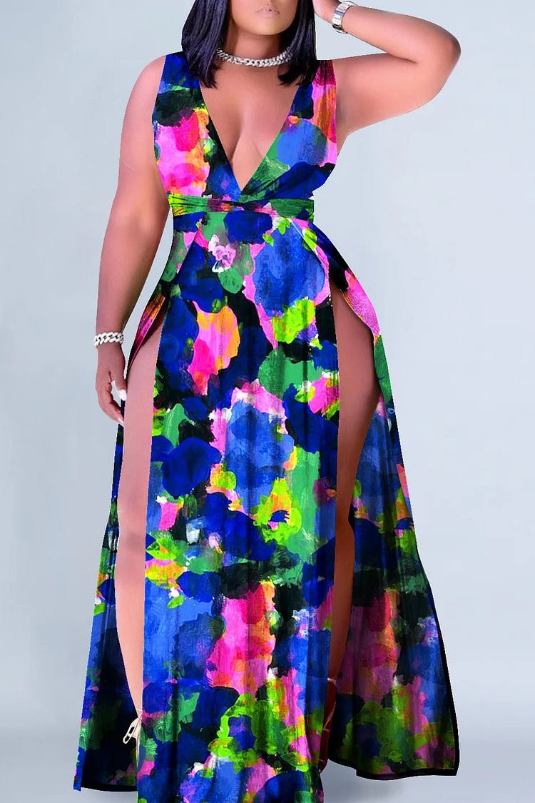 Plus Size Vaction Multicolor Print V Neck Sleeveless Split Maxi Dress