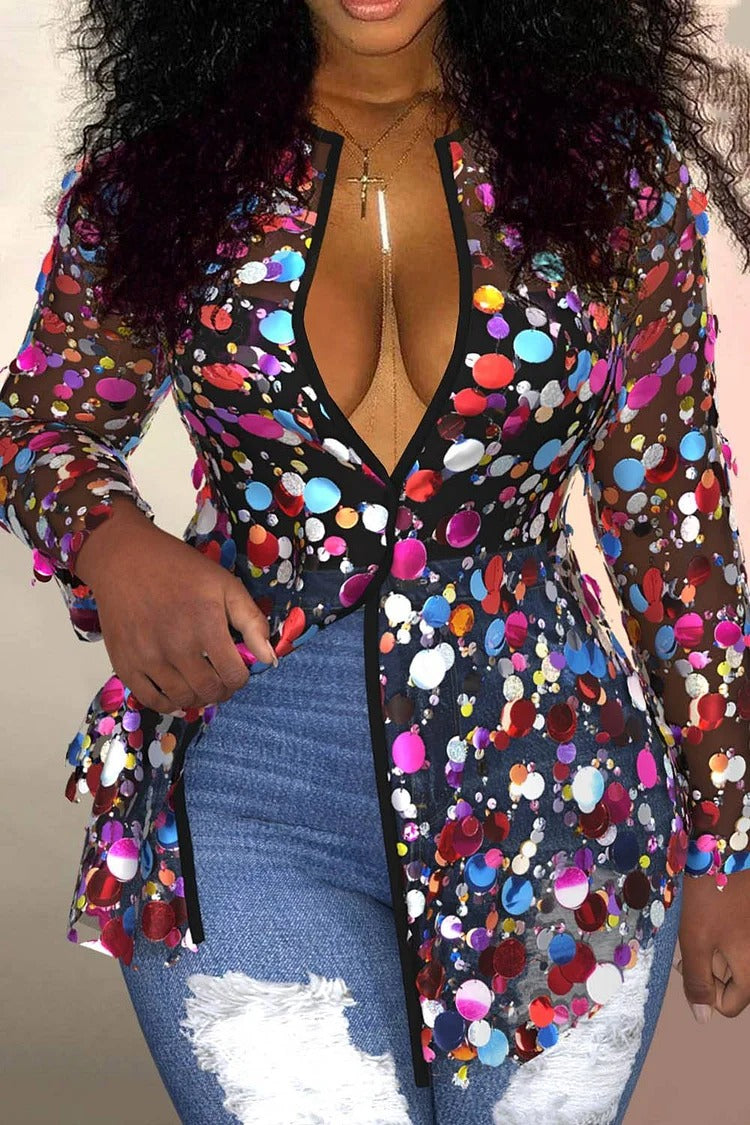 Plus Size Party Tops Multicolor Spring Summer V Neck Long Sleeve See Through Sequin Top