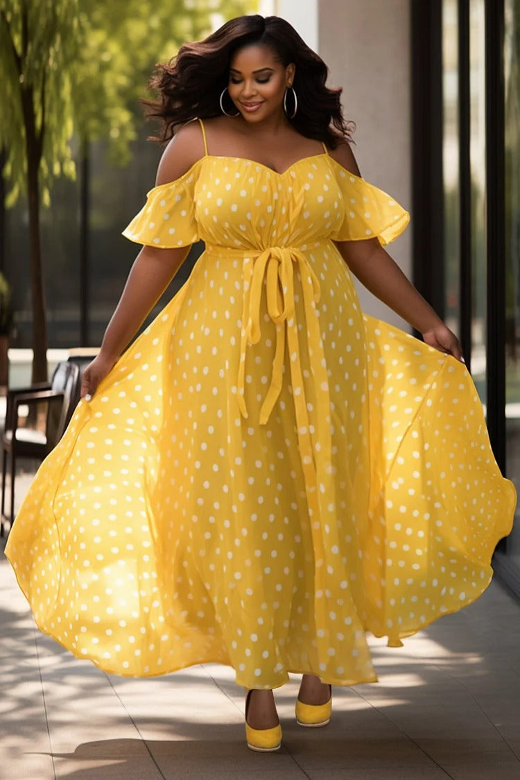 Plus Size Vacation Yellow Polka Dot Open Shoulder Short Sleeve Wrap Maxi Dress