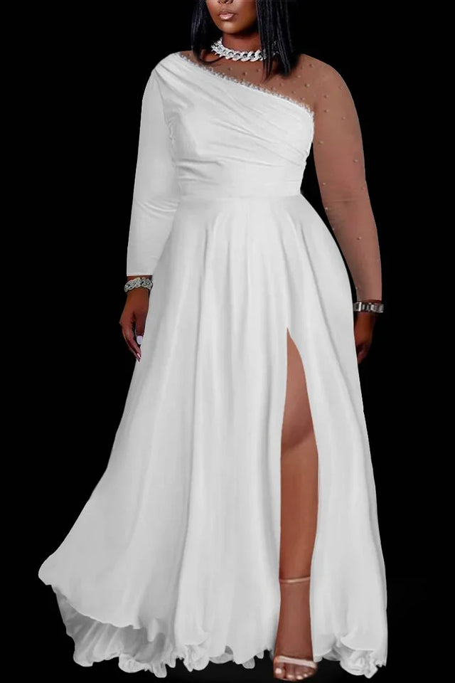 Plus Size White Wedding See-Through Long Sleeve High Slit Satin Maxi Dress Image