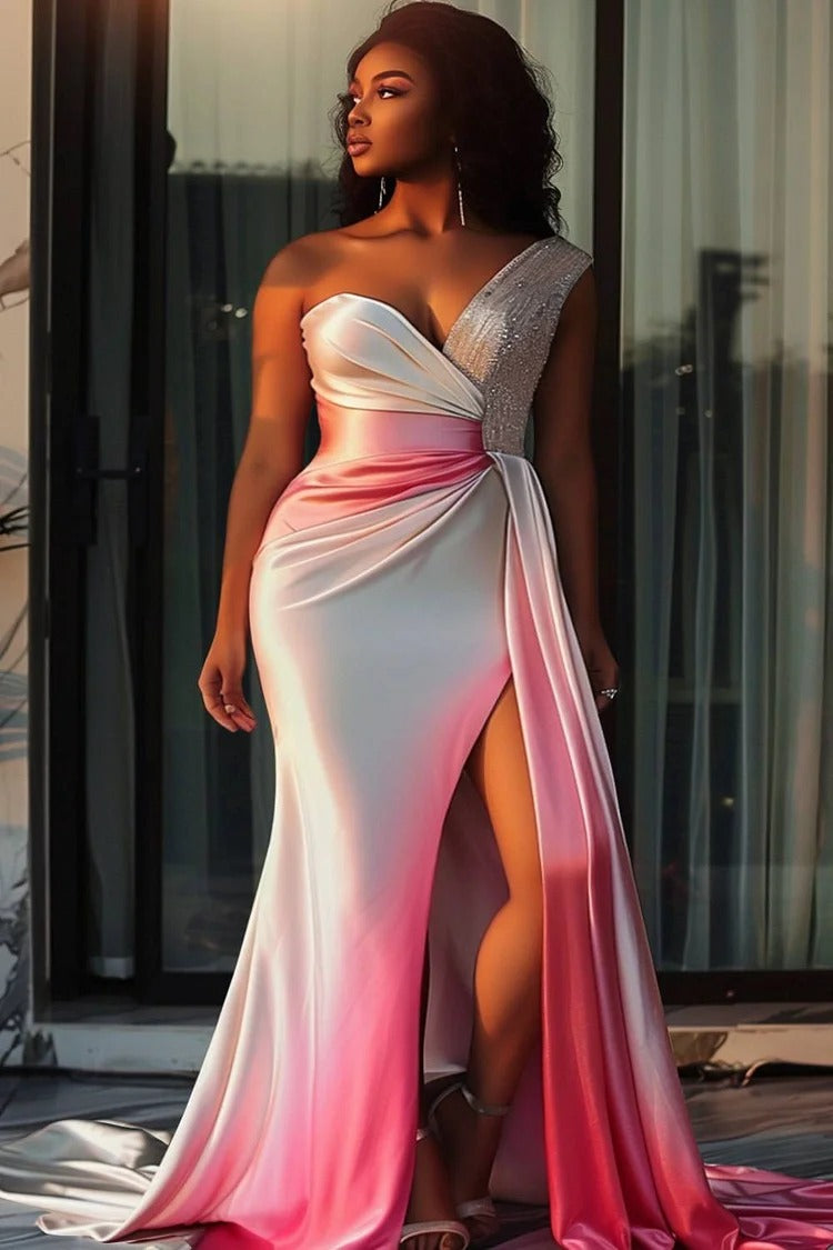 Plus Size Formal Pink Gradient One Shoulder Drilling Fold Satin Maxi Dress