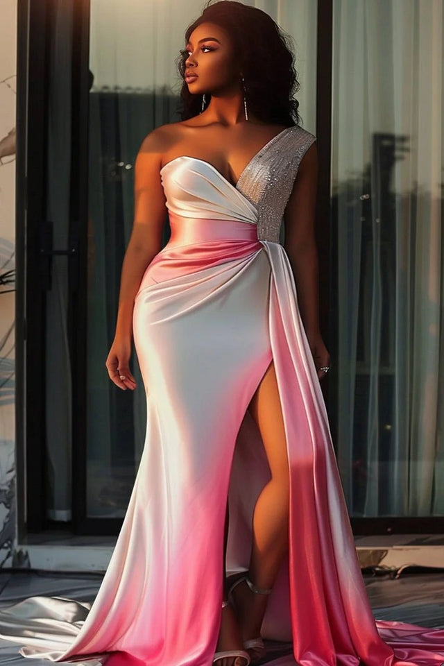 Plus Size Formal Pink Gradient One Shoulder Drilling Fold Satin Maxi Dress Image