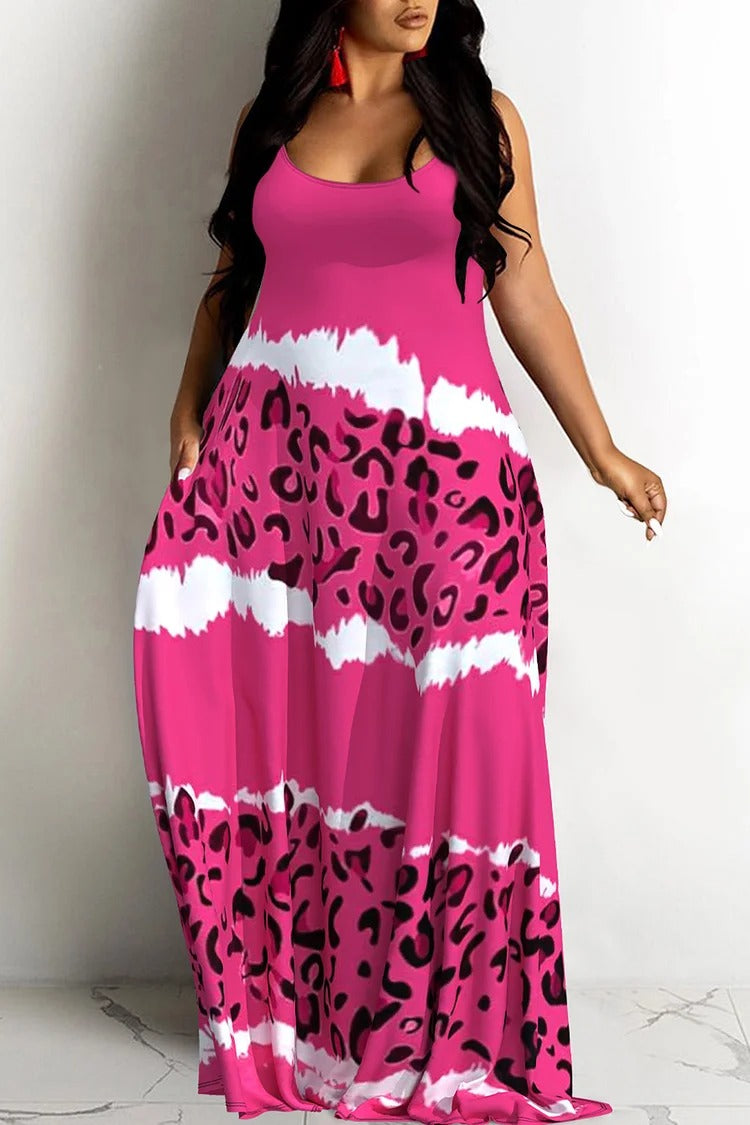 Plus Size Casual Hot Pink Leopard Print U Neck Sleeveless Pocket Maxi Dress