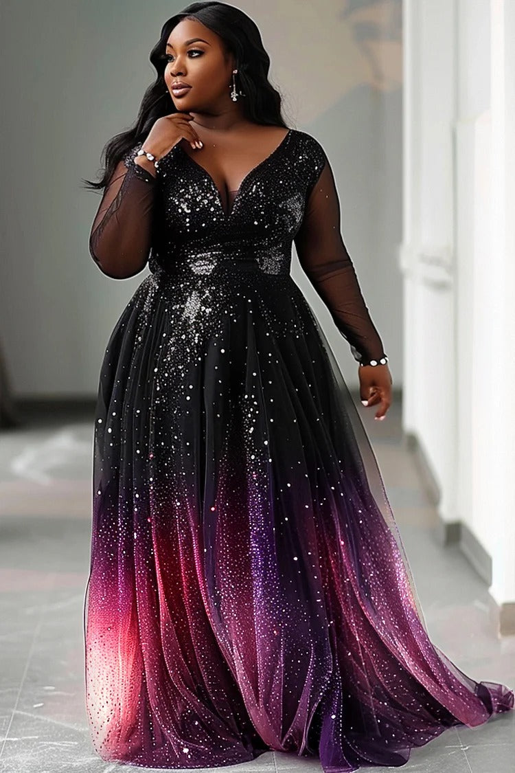 Plus Size Evening Black V Neck Gradient See Through Glitter Maxi Dress