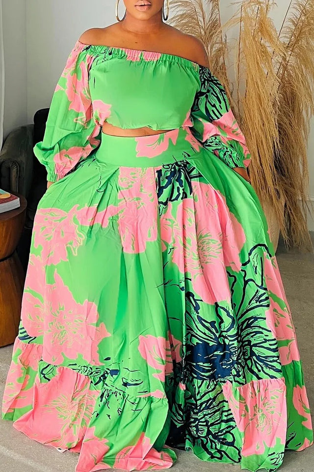 Plus Size Vacation Green Graphic Off The Shoulder 3/4 Sleeve Two Piece Skirt Set Image