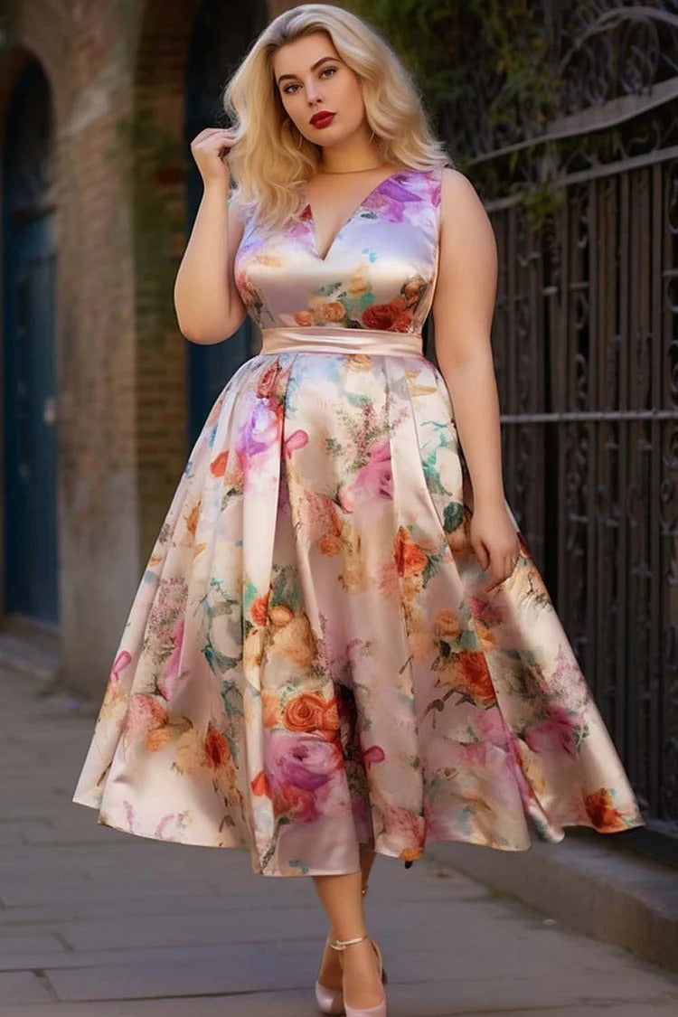 Plus Size Mother Of The Bride Pink Floral V Neck Pleated Midi Dress