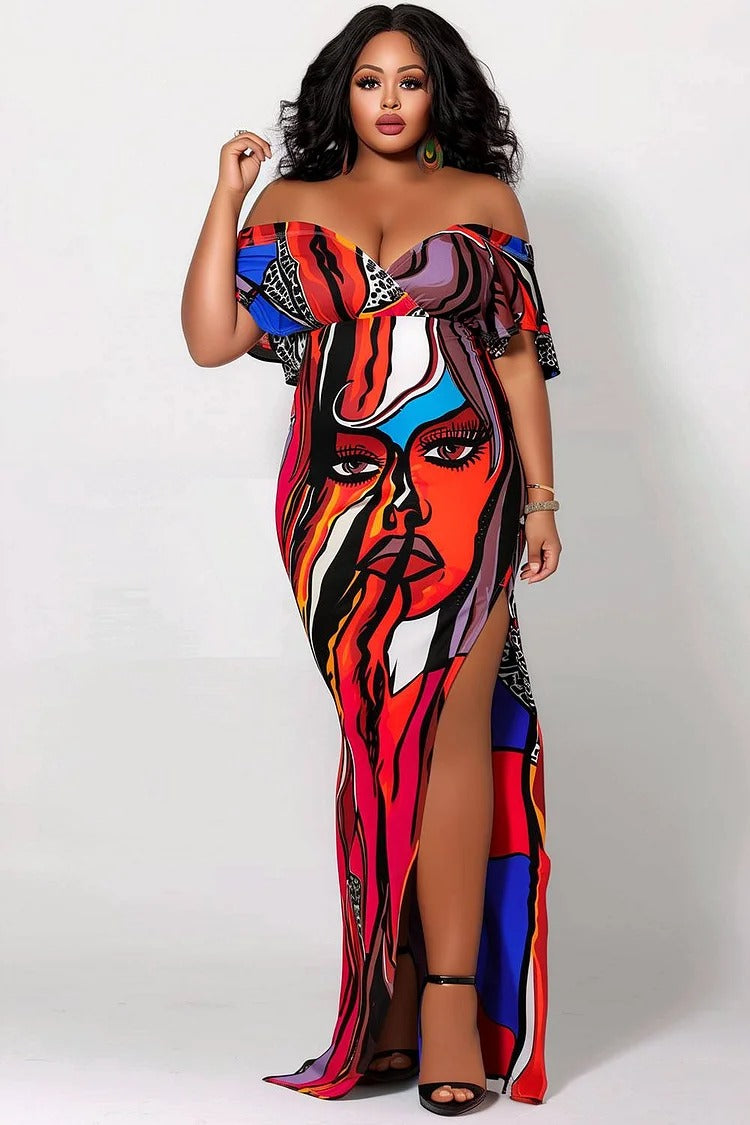 Plus Size Party Multicolor Portrait All Over Print Off The Shoulder Split Knitted Maxi Dress