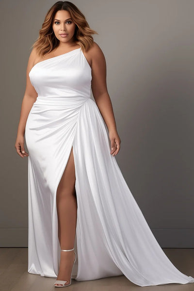 Plus Size Wedding White Oblique Collar Split Fold Satin Maxi Dress Plus Size Wedding White Oblique Collar Split Fold Satin Maxi Dress