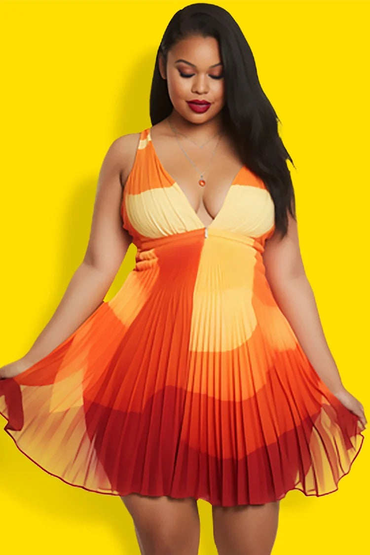 Plus Size Beach Orange Gradient V Neck Pleated Swimsuit Fabric Swimwear Dress With Panty