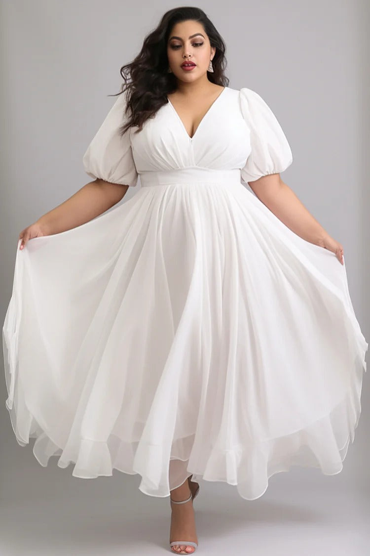 Plus Size Semi Formal Elegant White V Neck Puff Sleeve Short Sleeve Tulle Maxi Dress