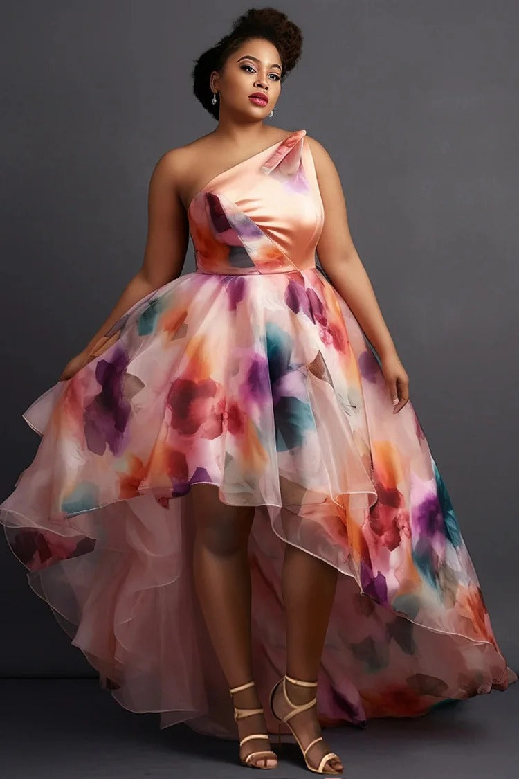 Plus Size Semi Formal Elegant Pink Floral Oblique Collar One Shoulder Irregular Hem Tulle Maxi Dress