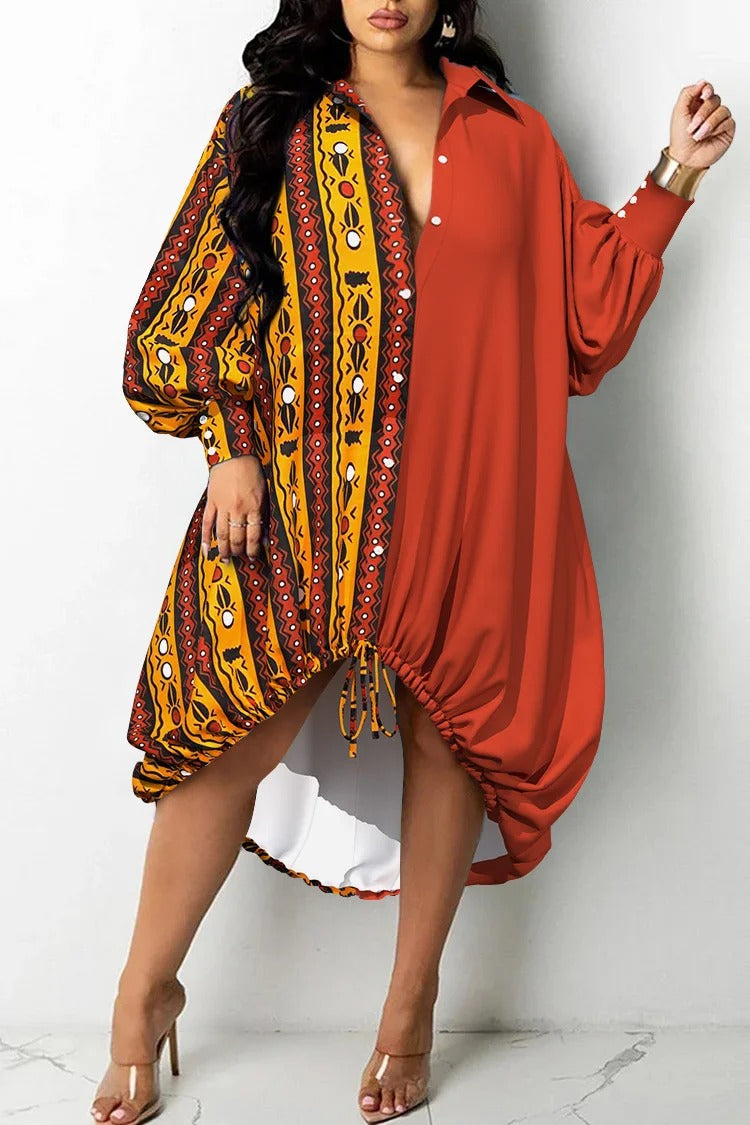 Plus Size Casual Brown Ankara Print Shirt Collar Long Sleeve Contrast Shirt Dress