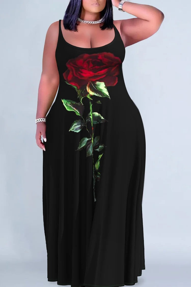 Plus Size Casual Black Floral Print U Neck Sleeveless Maxi Dress