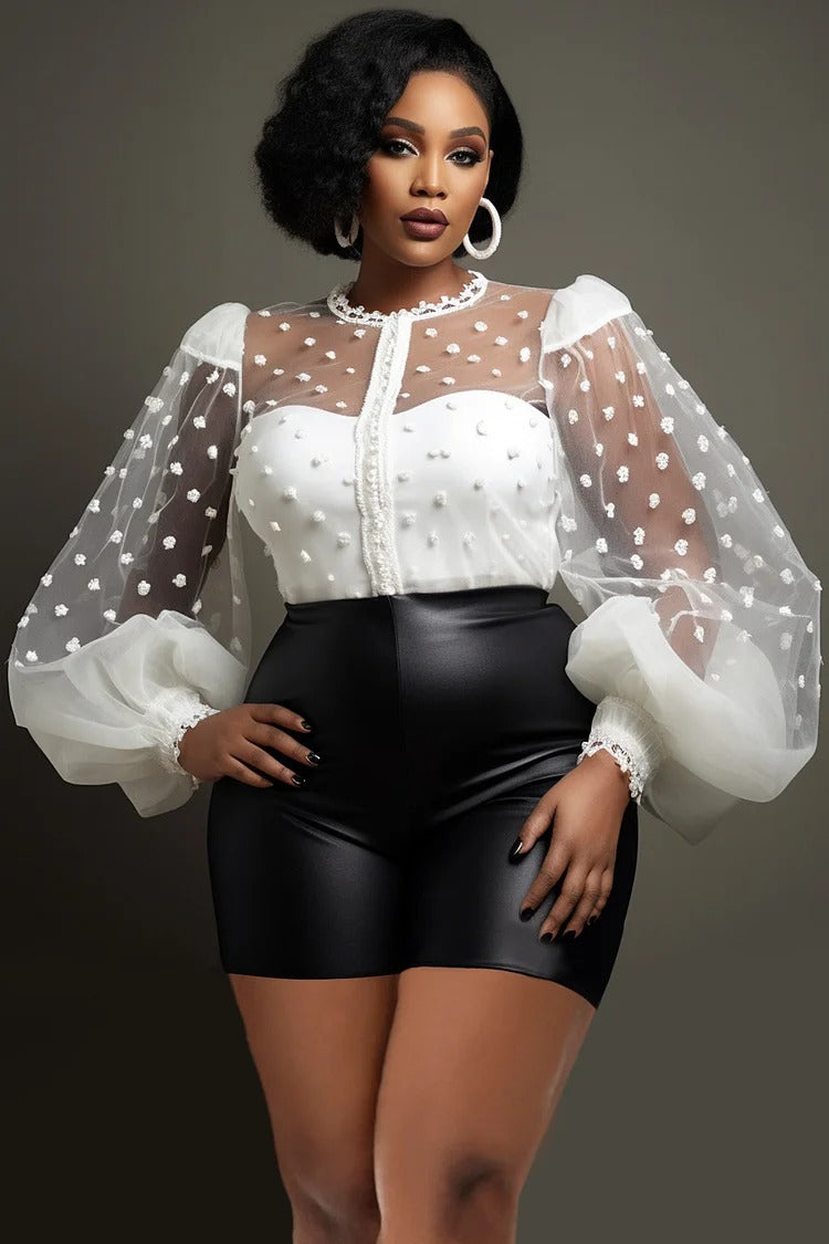 Plus Size Party White Spring Summer Round Neck Lantern Sleeve See Through Lace Blouse