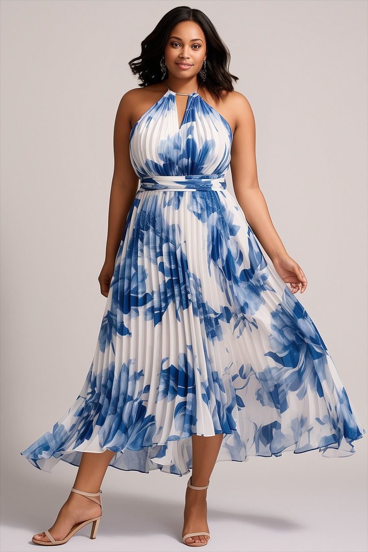 Plus Size Wedding Guest Blue Floral Halter Collar Pleated Chiffon Midi Dress