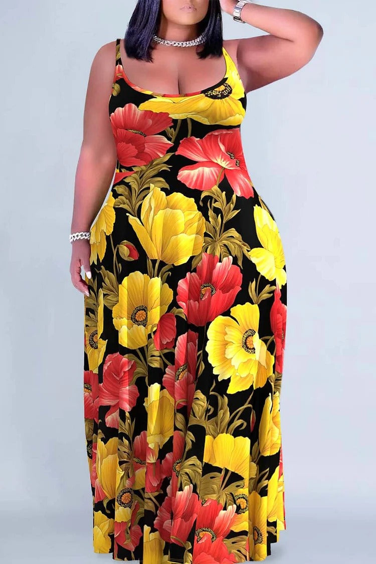 Plus Size Casual Yellow Floral Print U Neck Sleeveless Maxi Dress