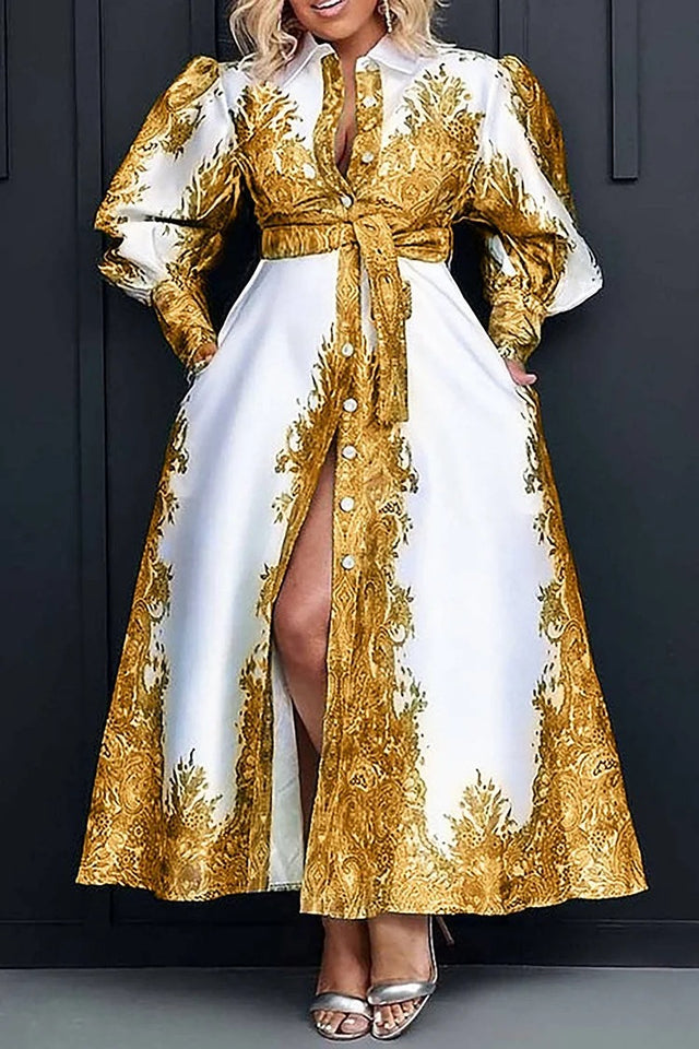 Plus Size Semi Formal Dress Gold Print Lantern Sleeve Maxi Dress With Belt Image