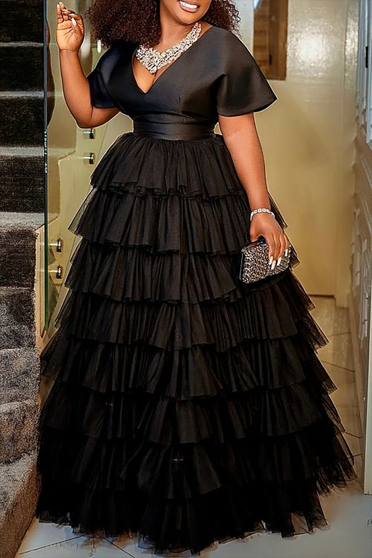 Plus Size Formal Dress Black V Neck Tiered Tulle Maxi Dress