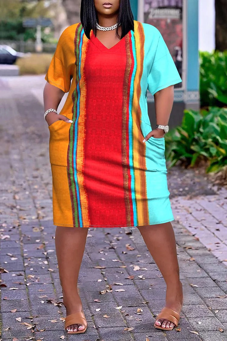Plus Size Casual Multicolor Colorblock Print V Neck Short Sleeve Pocket Midi Dress
