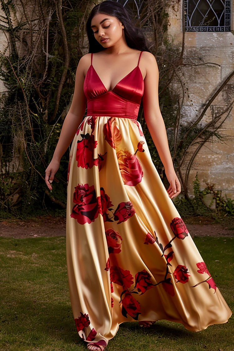 Plus Size Wedding Guest Red Floral Contrast Satin Maxi Dress