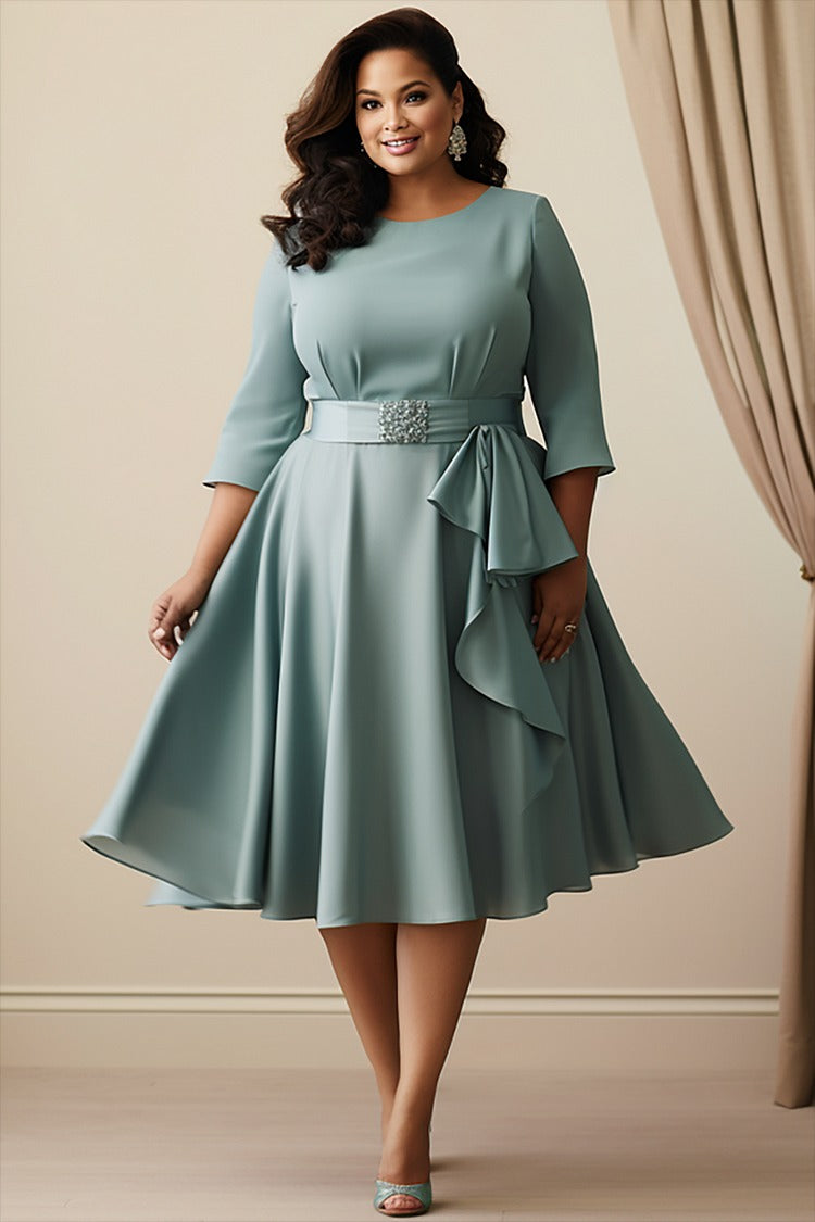 Plus Size Mother Of The Bride Green Round Neck 3/4 Sleeve Bow Tie Chiffon Midi Dress
