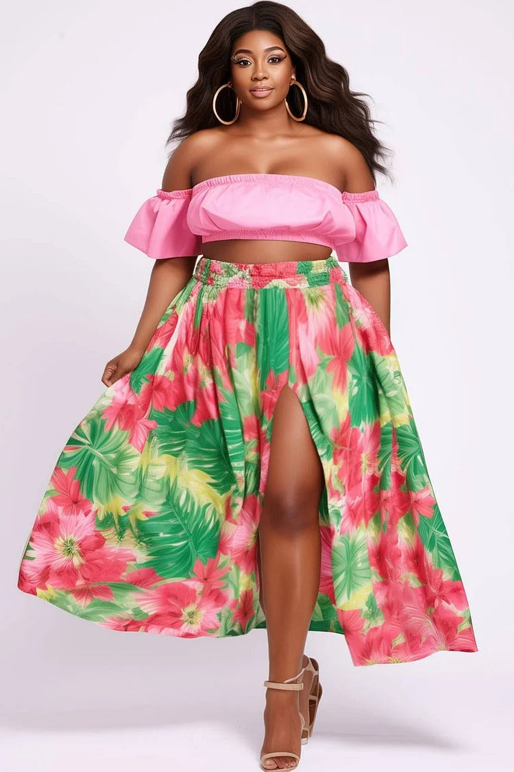 Plus Size Daily Pink Floral Off The Shoulder Puff Sleeve Short Sleeve Split Satin Two Piece Skirt Set