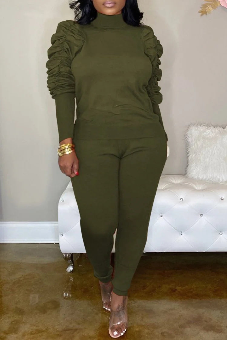 Plus Size Casual Army Green Pleated High Collar Long Sleeve Two Pieces Set