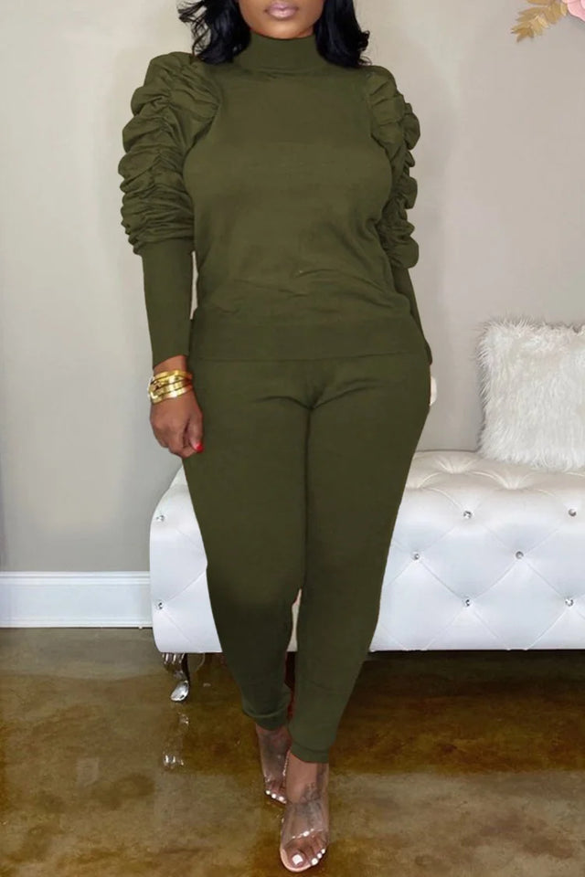 Plus Size Casual Army Green Pleated High Collar Long Sleeve Two Pieces Set Image