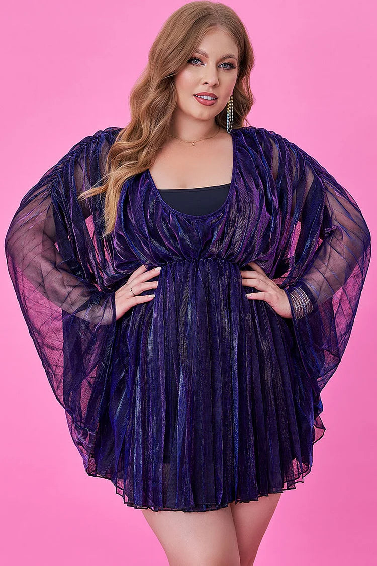 Design Plus Size Cocktail Party Batwing Sleeves Pleated Metallic Iridescent Reflective Summer Sun Mini Dress
