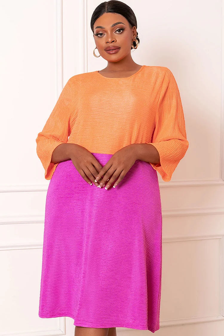 Plus Size Fuchsia Colorblock Half Sleeves Midi Dresses