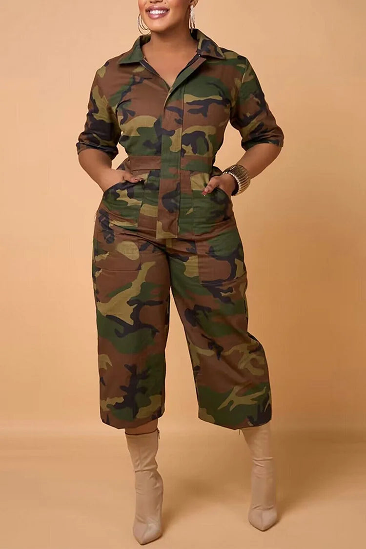 Plus Size Camo Daily Camouflage Print Long Sleeve Jumpsuits