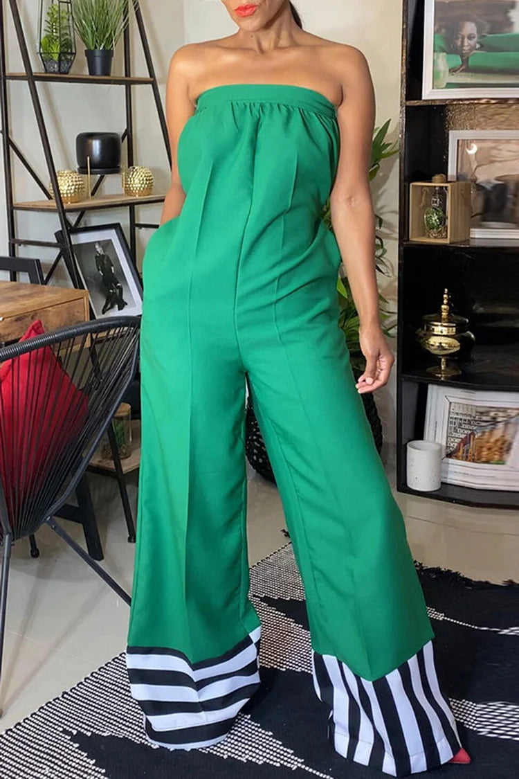 Plus Size Green Daily Strapless With Pocket Wide Leg Tube Jumpsuit