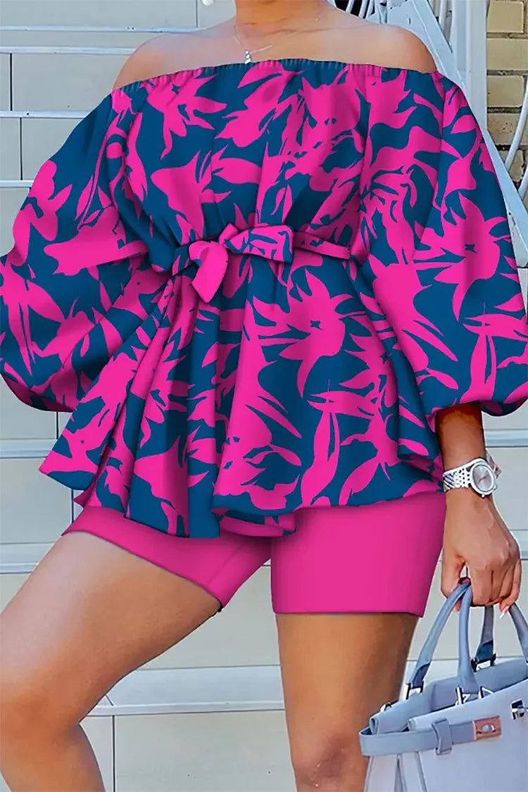 Plus Size Barbie Pink Vacation Tropical Print Off Shoulder Belted Two Piece Short Set