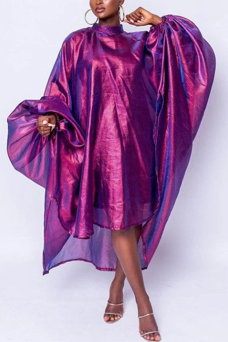 Plus Size Purple Daily Metallic Lantern Sleeve Midi Dress