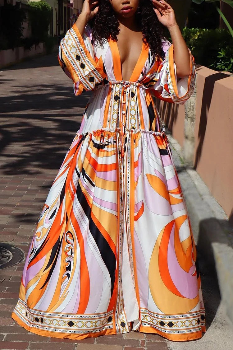 Plus Size Orange Vacation V-Neck Pattern Print Maxi Dress