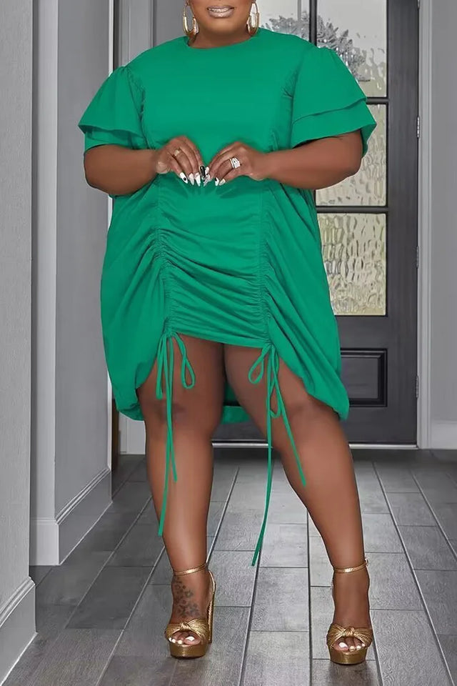 Plus Size Green Casual Ruffle Sleeve Drawstring Mini Dress Image