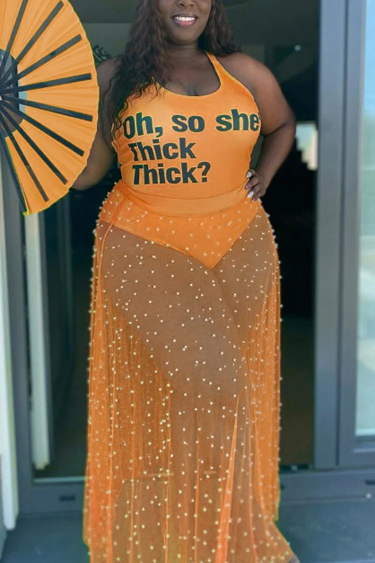 Plus Size Orange Party Tight Mesh Sheer Print Beaded Two Pieces Skirt Set