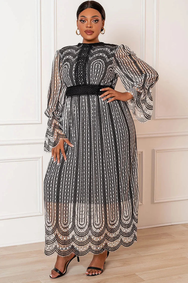 Design Plus Size Casual Grey Lace Up Long Sleeve Mesh Patchwork Midi Dresses(Ships 24h)
