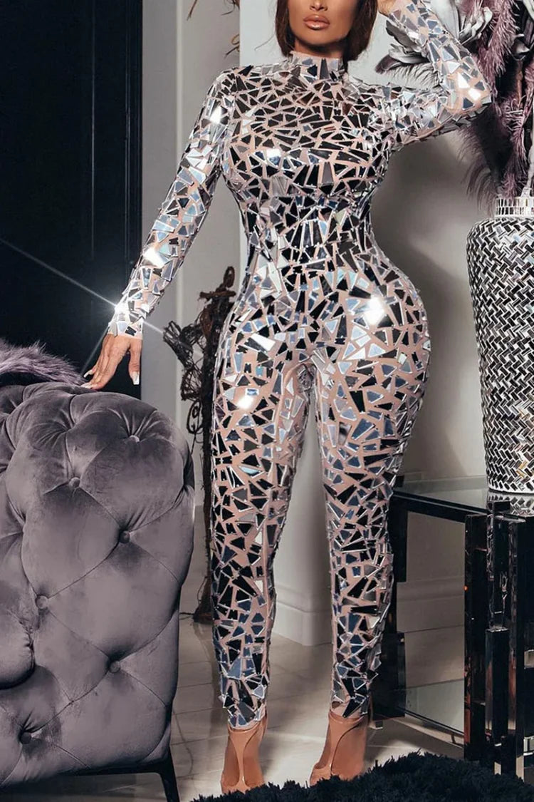 Plus Size Sliver Party Mirrow Long Sleeves Jumpsuits