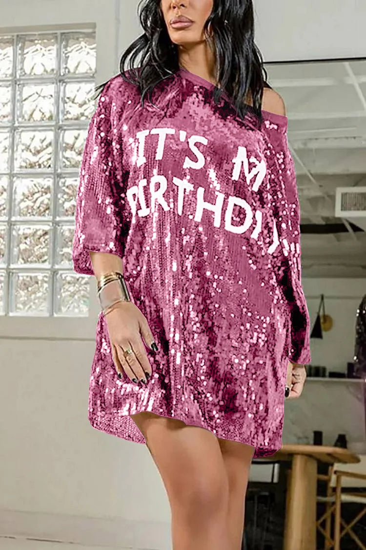 Plus Size Pink Daily Round Neck Letter Sequin Stitching Mini Dress