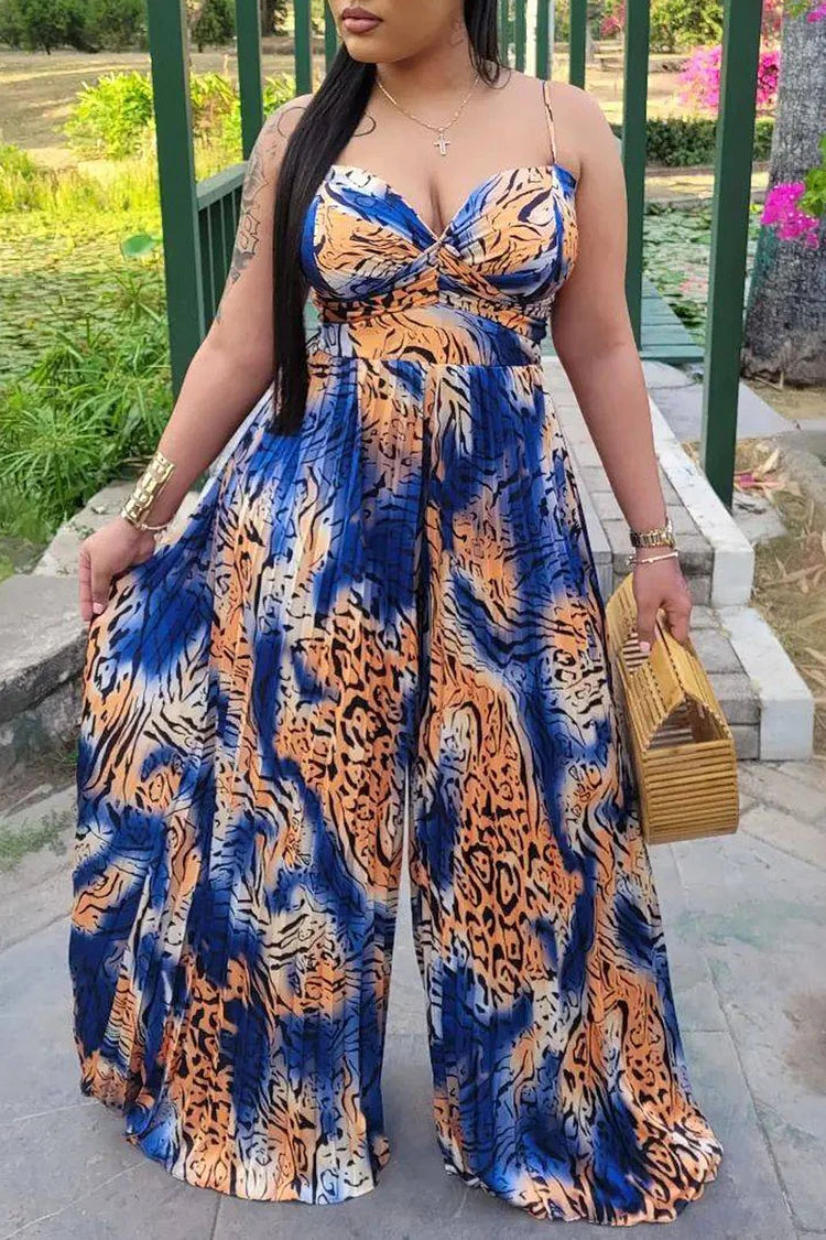 Plus Size Blue All Over Print Vacation Pleated Jumpsuits