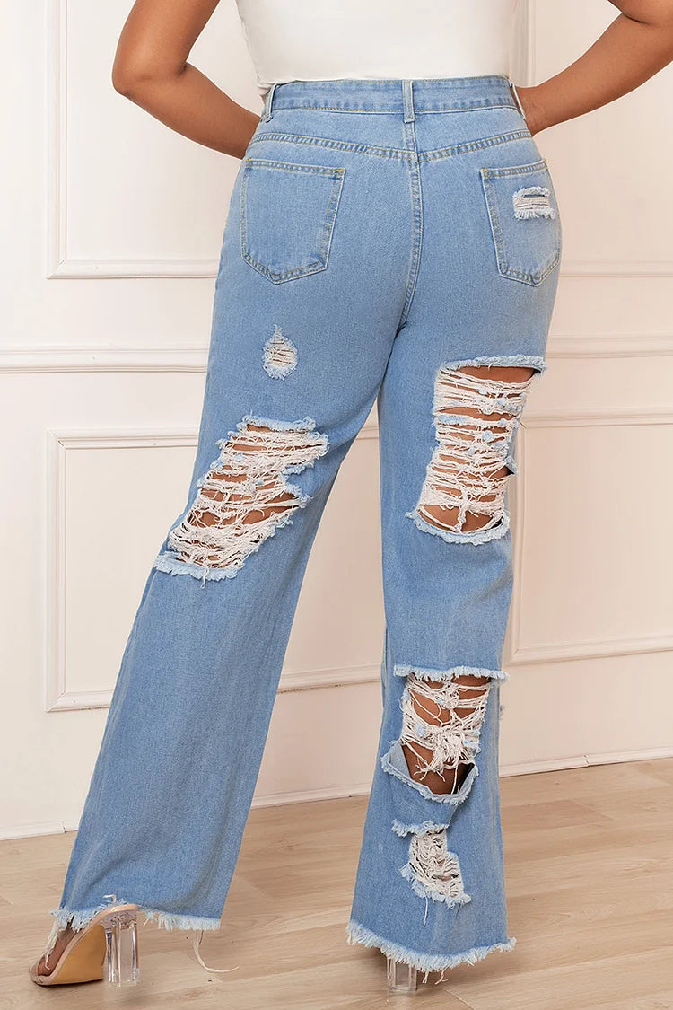 Design Plus Size Casual Blue Hollowed Out Wide Leg Distressed Jeans