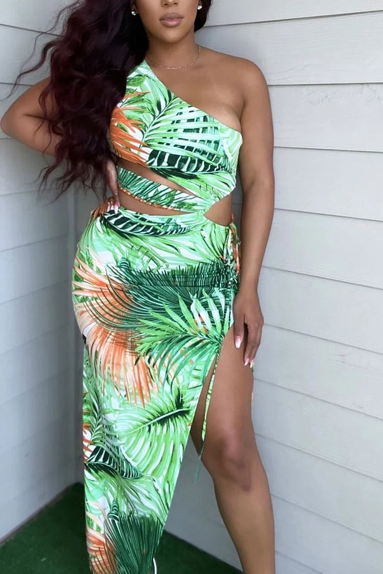 Plus Size Green Vacation Floral Print Side Slit One Shoulder Cut Out Maxi Dress