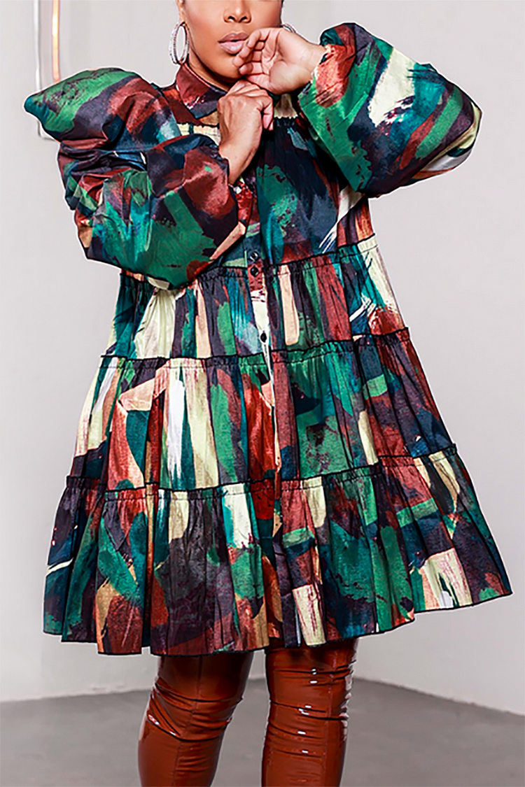 Plus Size Daily Palette All Over Print Puff Sleeve A-Line Midi Dress